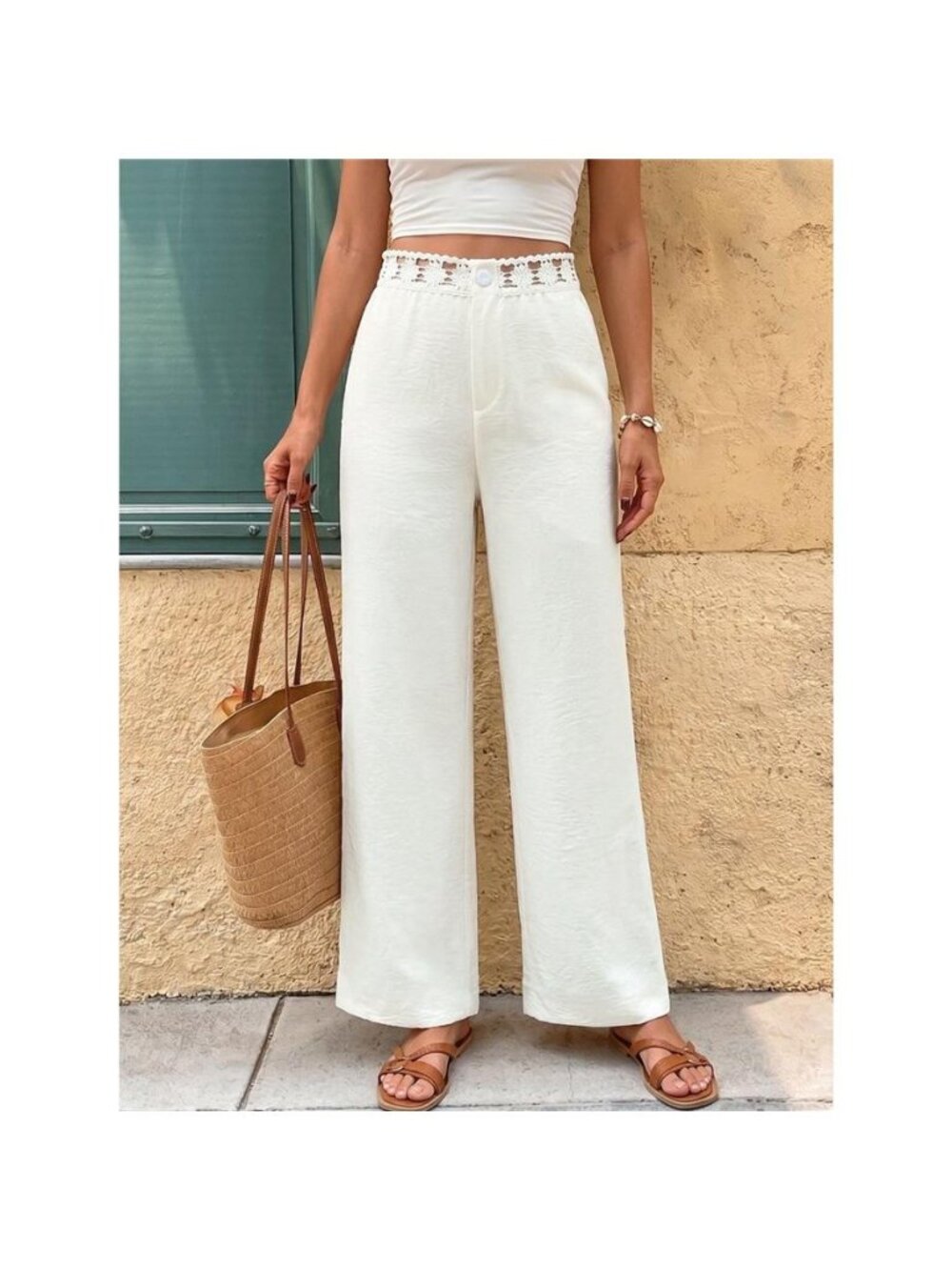 High Waist Wide Leg Pants with Crochet Trim